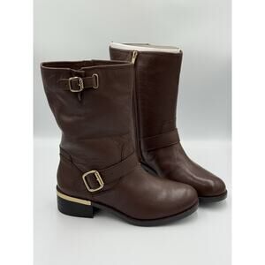Vince Camuto Wendeema Leather Moto Boots Women’s Size 9W Brown Mid Calf Buckle
